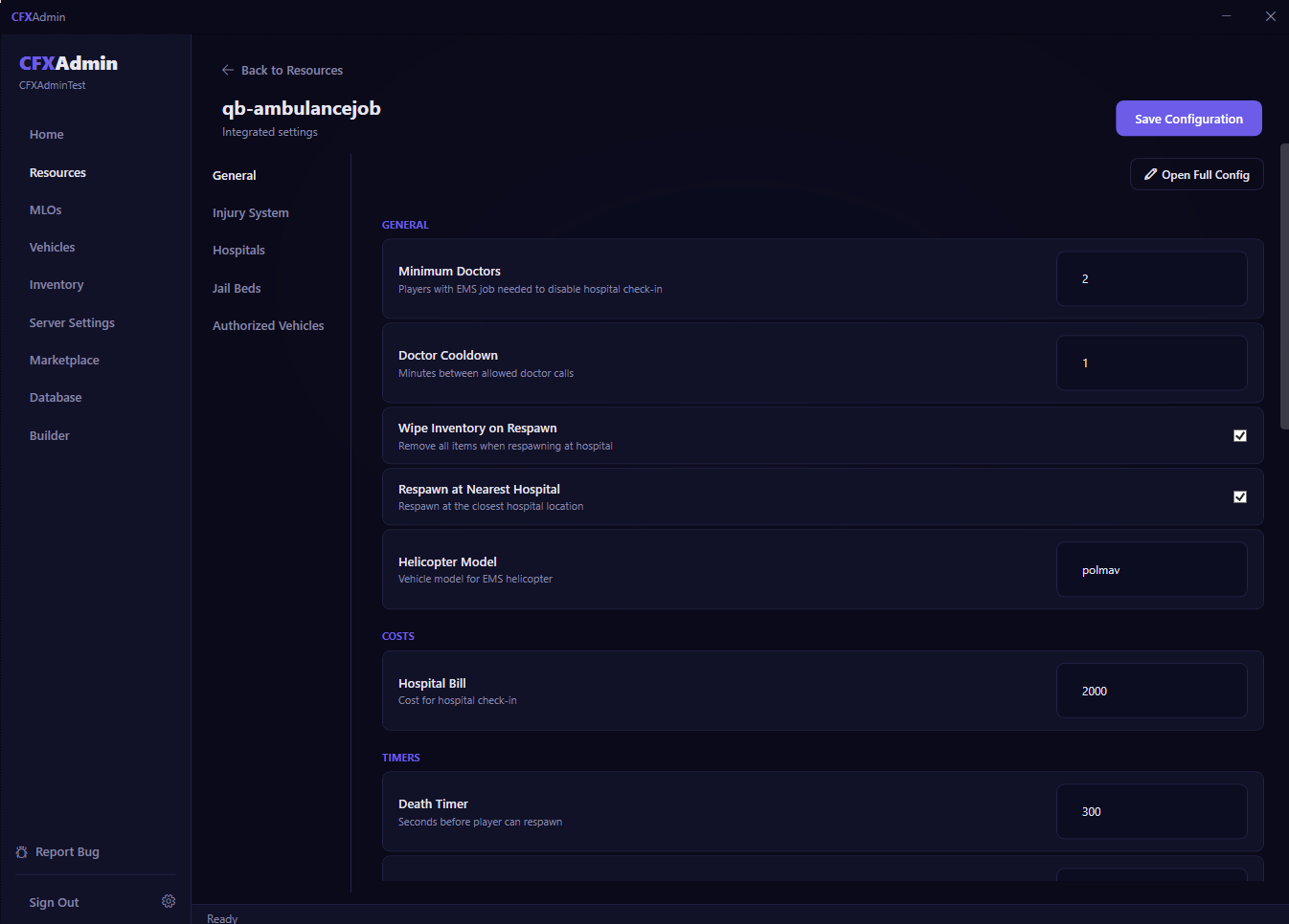 CFXAdmin Visual Config Editor showing categorized resource settings with inputs, toggles, and section tabs