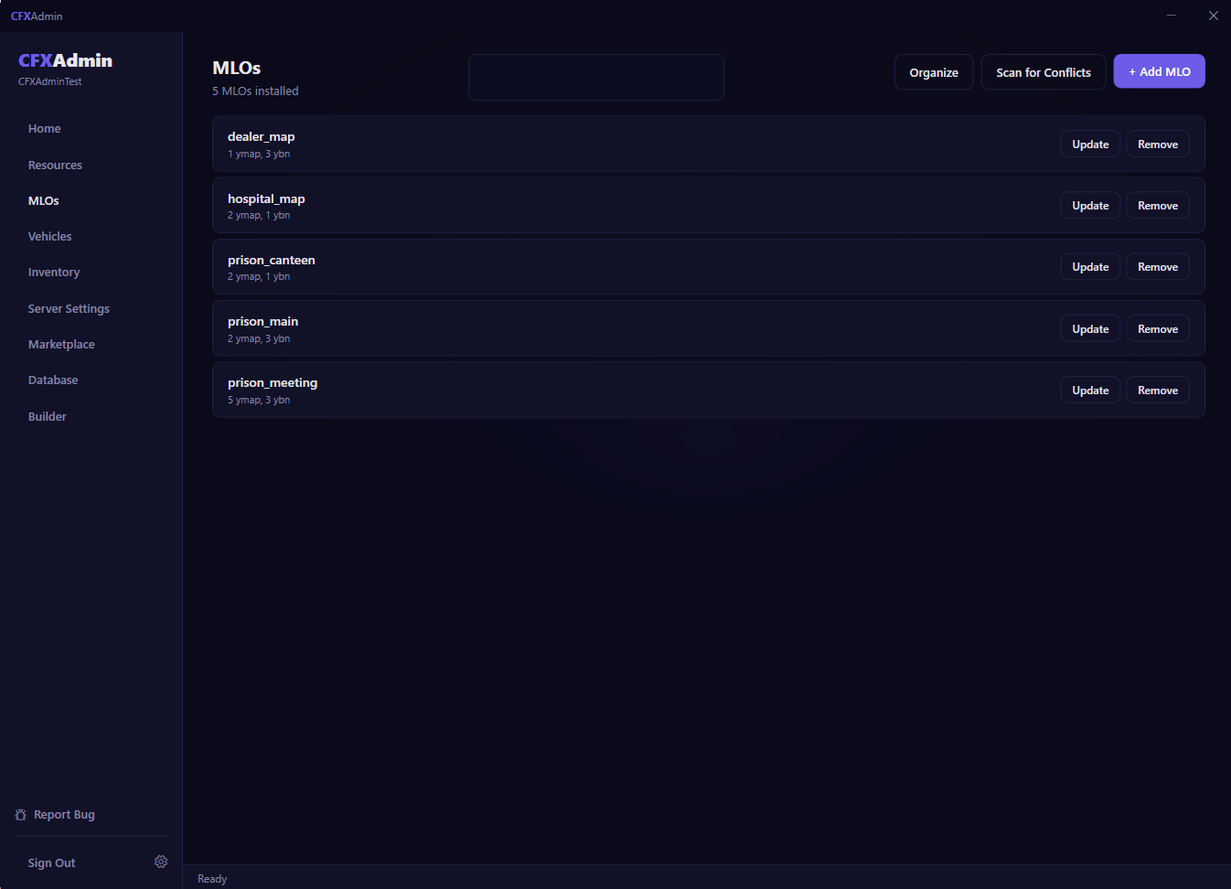 CFXAdmin MLO Manager showing installed MLOs with Scan for Conflicts and Organize buttons