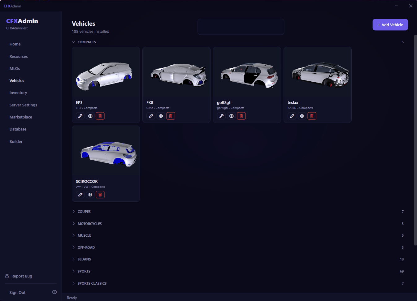 CFXAdmin Vehicle Manager showing installed vehicles with 3D model previews grouped by category