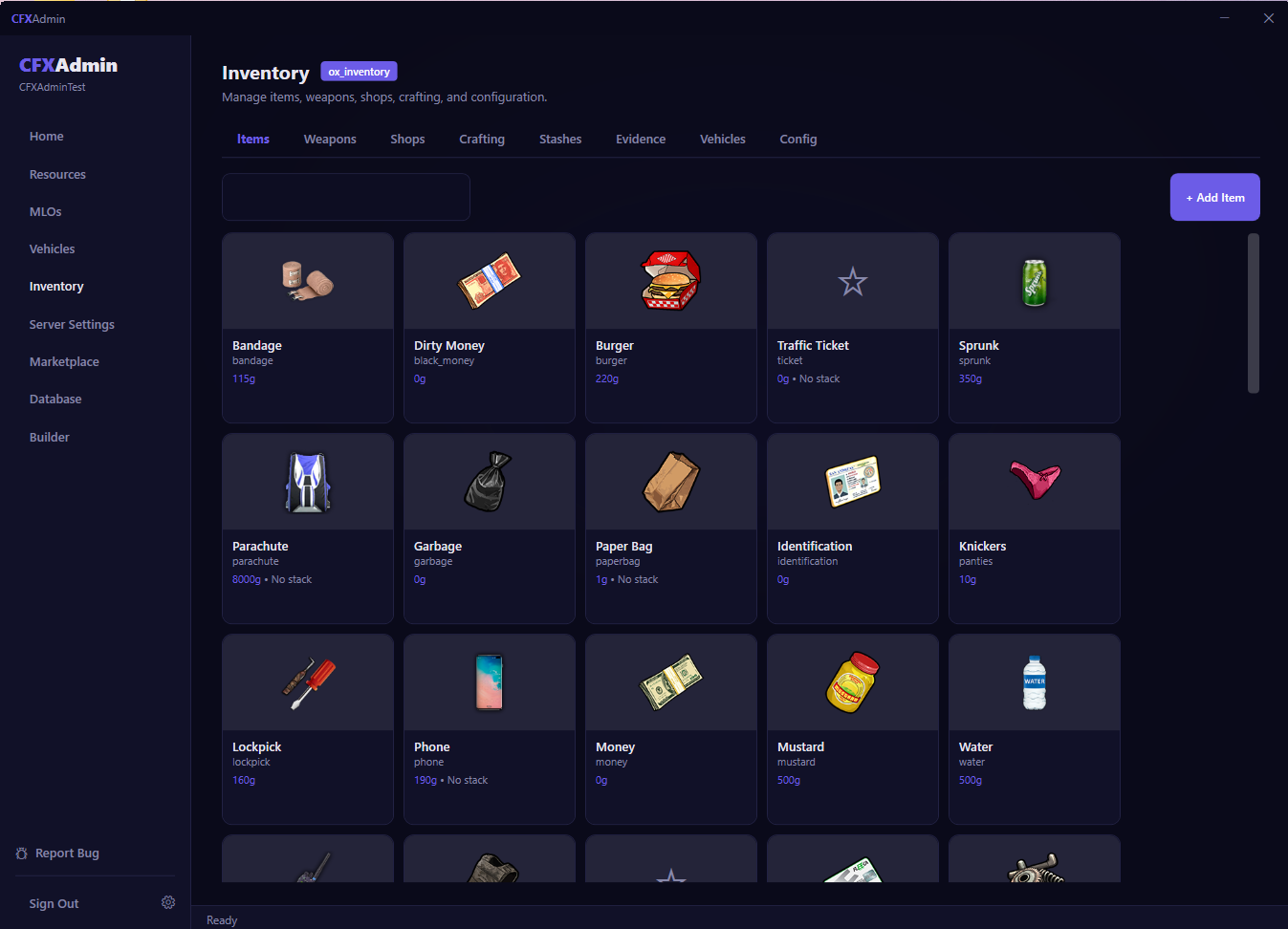 CFXAdmin Inventory Manager with ox_inventory item grid showing items, weapons, shops, crafting tabs