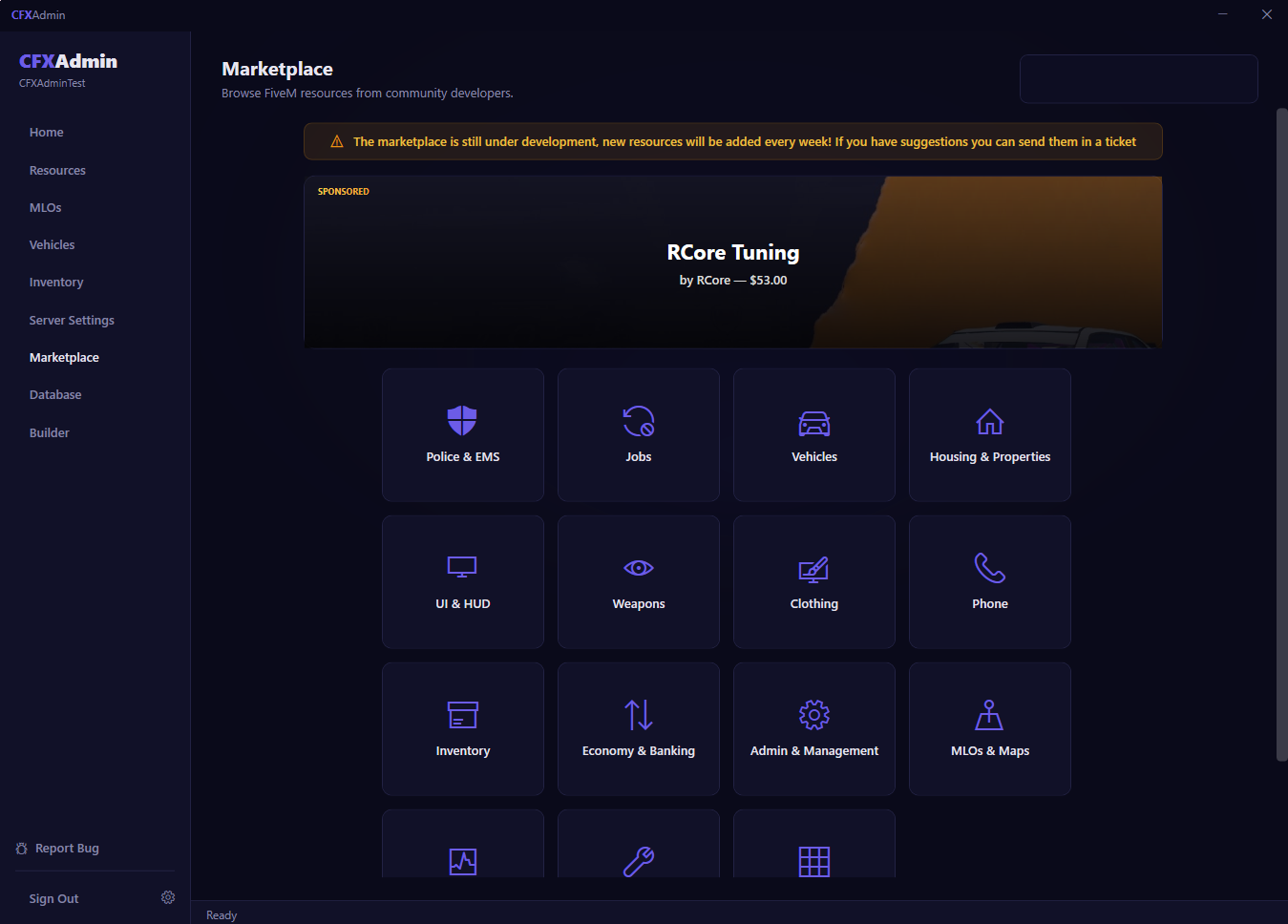 CFXAdmin Marketplace showing category grid including Police & EMS, Jobs, Vehicles, Housing, UI & HUD
