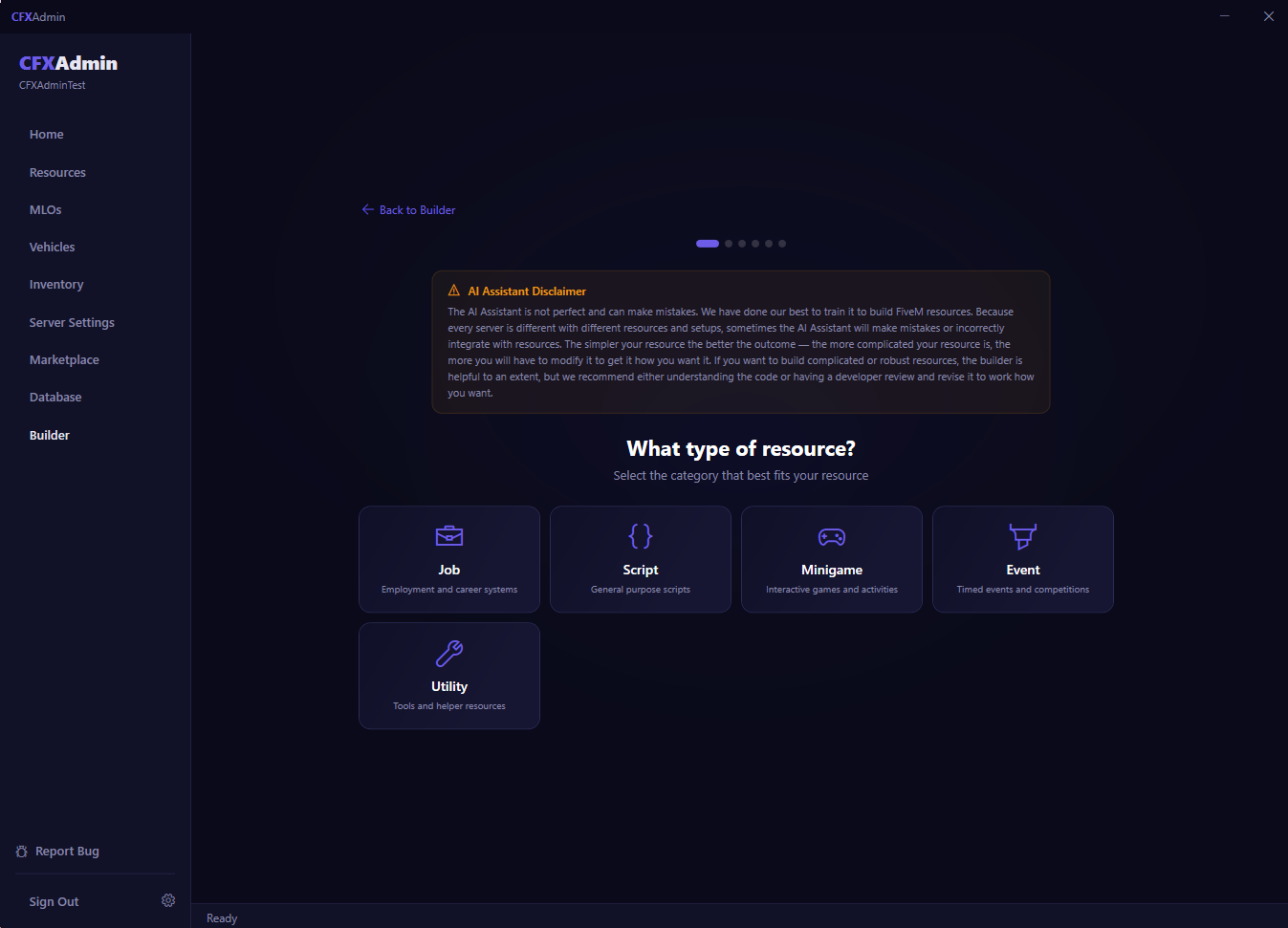 CFXAdmin Builder AI showing resource type selection — Job, Script, Minigame, Event, Utility
