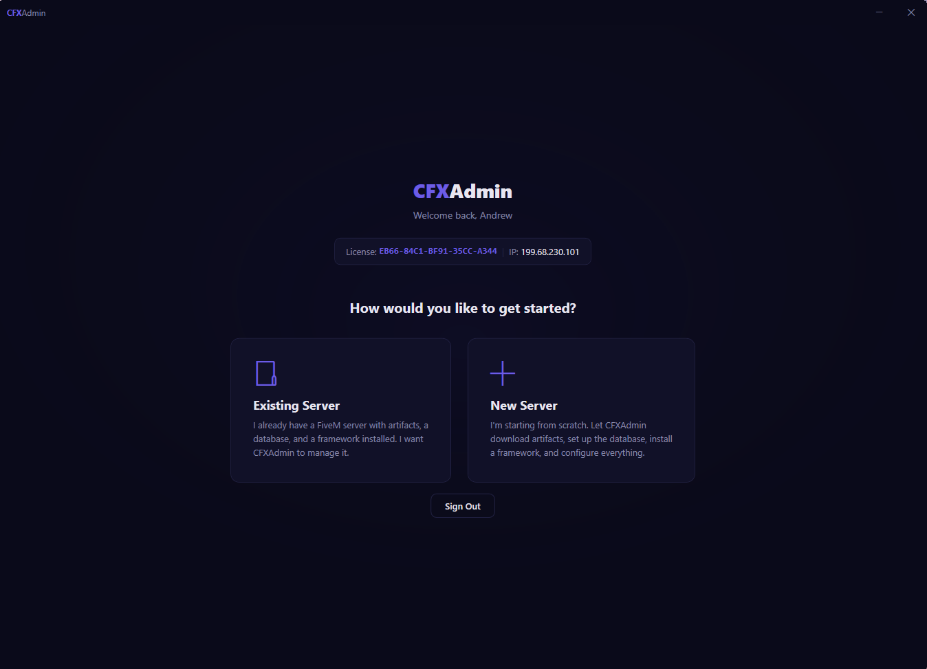 CFXAdmin — choose New Server to build from scratch