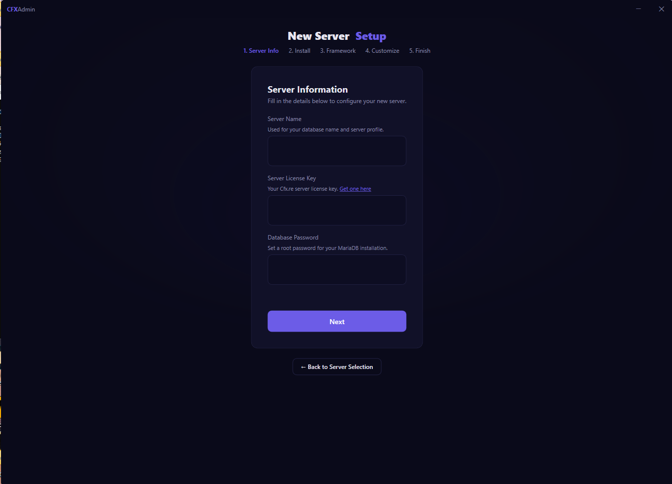 CFXAdmin — enter server name, license key, and database password