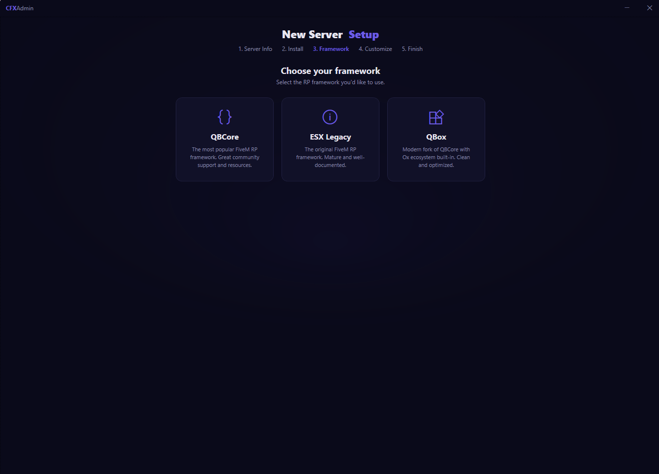 CFXAdmin — pick QBCore, ESX Legacy, or QBox framework