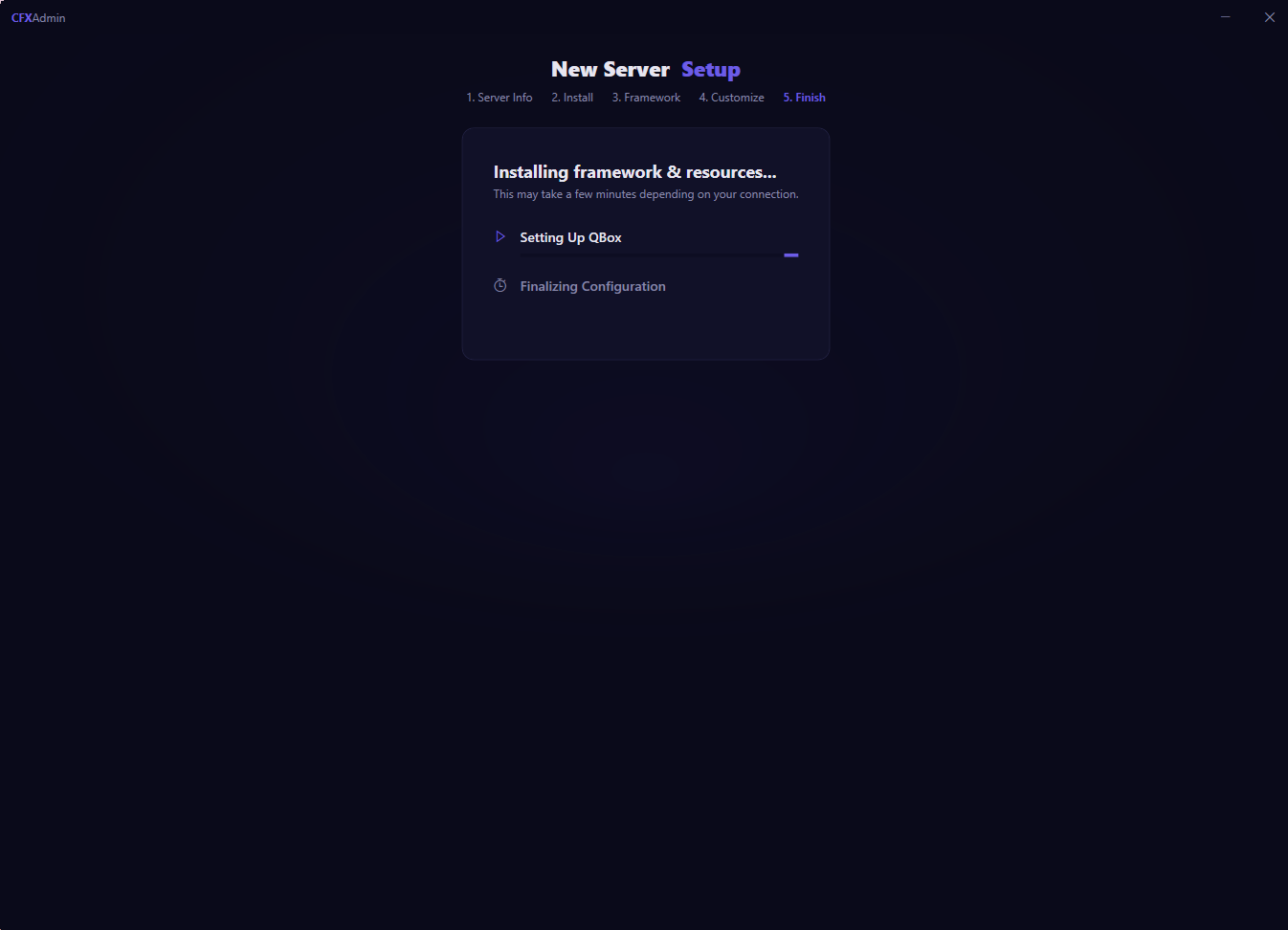 CFXAdmin — installing framework and resources, finalizing config